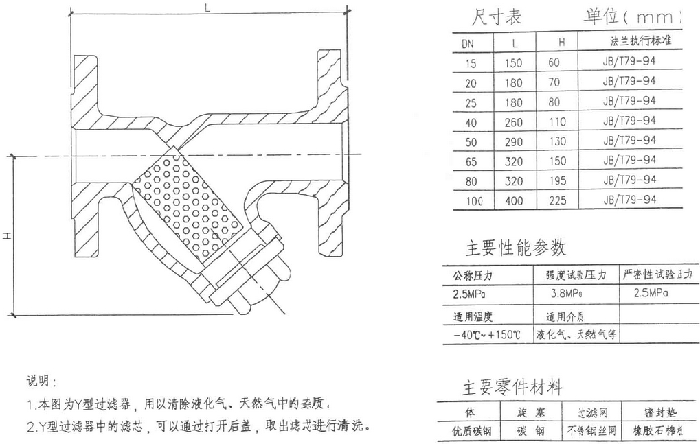 Y型過濾器技術參數圖